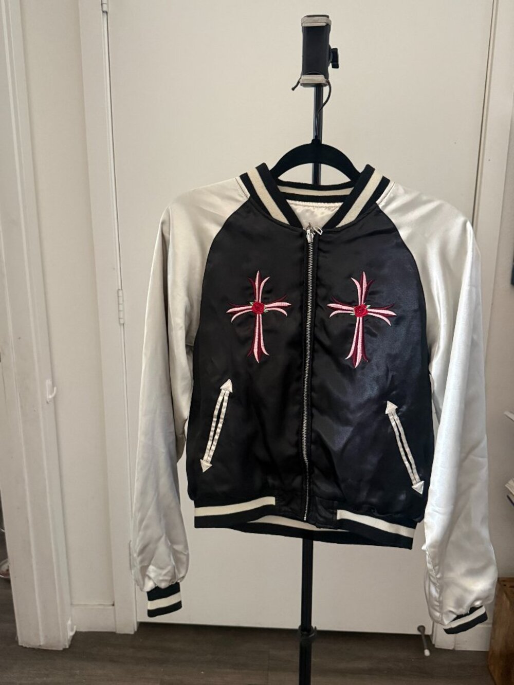 Baba Joon Black & Ivory Satin Bomber Jacket Embroidered Cross Rose Love Y2K